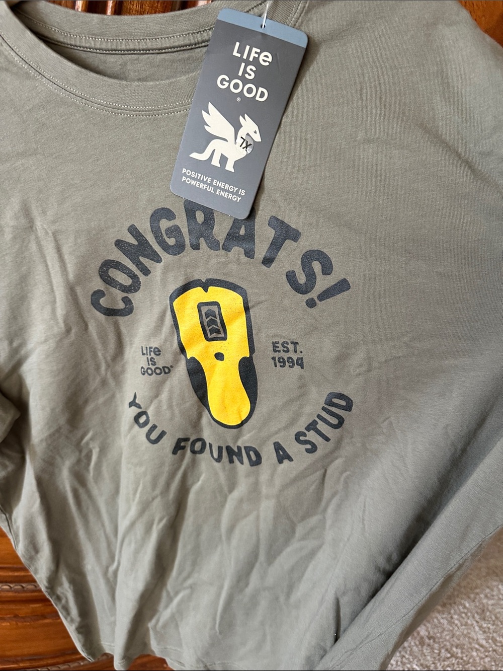 Life Is Good Olive Short Sleeve Tee with Yellow Graphic